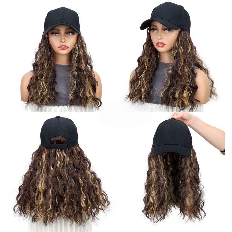 Hat Wigs Curly Wavy Hair Synthetic Wigs Easy to Store and Manage Baseball Cap Wig 18 Inches Fashionable and Sporty Style Black Brown and Yellow for Women Gift