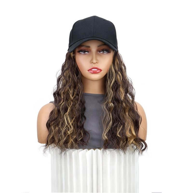Hat Wigs Curly Wavy Hair Synthetic Wigs Easy to Store and Manage Baseball Cap Wig 18 Inches Fashionable and Sporty Style Black Brown and Yellow for Women Gift