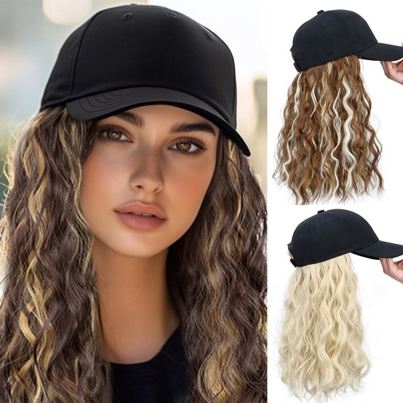 Hat Wigs Curly Wavy Hair Synthetic Wigs Easy to Store and Manage Baseball Cap Wig 18 Inches Fashionable and Sporty Style Black Brown and Yellow for Women Gift