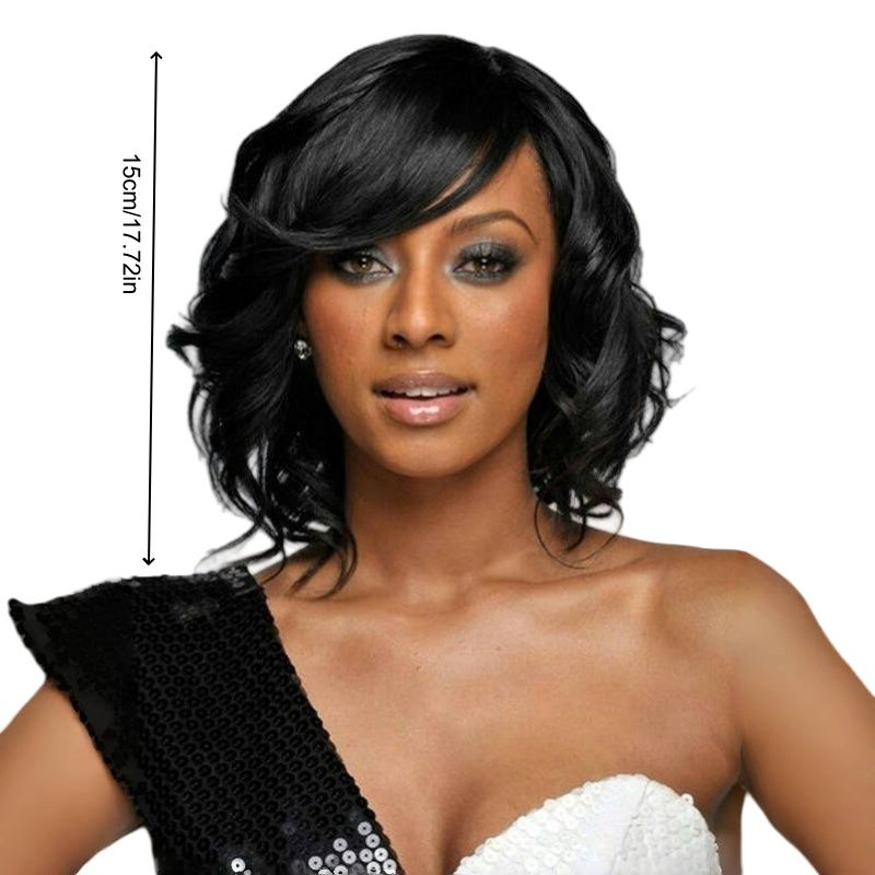 FBK Natural Black Short Thick Wig Heat Resistant Synthetic Hair for African Women Daily Wear Party Music Festival Carnival Halloween Birthday Gift Easy Install
