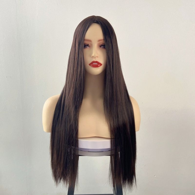 Wigs for Lady 28 Inches Dark Brown Long Straight Wigs Glueless Capless Design Heat Resistant Synthetic Hair Natural Middle Part Everyday Party Music Festival Gift for African Women Easy Wear