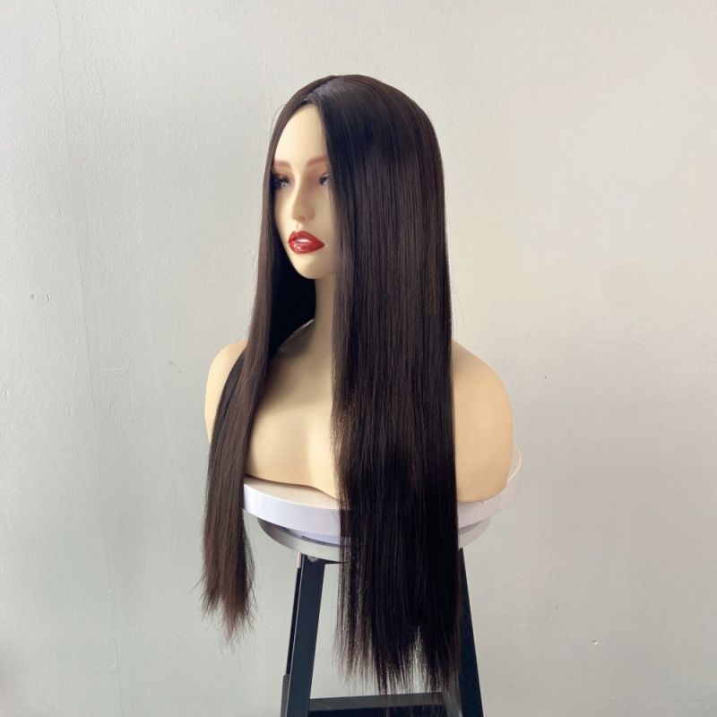 Wigs for Lady 28 Inches Dark Brown Long Straight Wigs Glueless Capless Design Heat Resistant Synthetic Hair Natural Middle Part Everyday Party Music Festival Gift for African Women Easy Wear