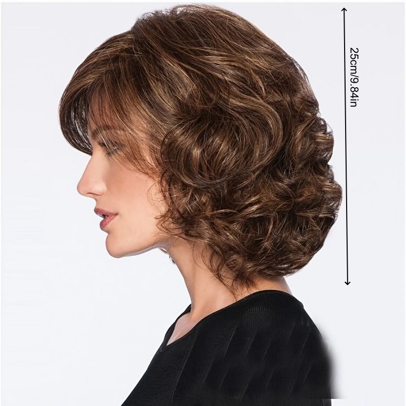 Ladies' Wig Dark Brown Short Curly Hair with Side-Swept Bangs Wavy Wig Fashionable and Elegant Ladies' Wig Perfect Gift for Ladies Easy Wear
