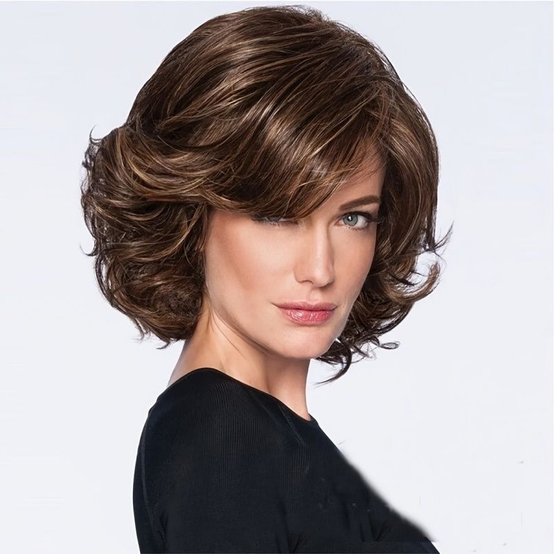 Ladies' Wig Dark Brown Short Curly Hair with Side-Swept Bangs Wavy Wig Fashionable and Elegant Ladies' Wig Perfect Gift for Ladies Easy Wear
