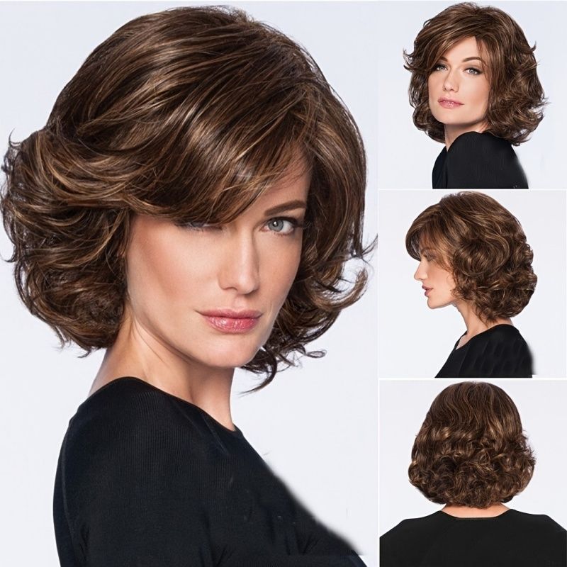 Ladies' Wig Dark Brown Short Curly Hair with Side-Swept Bangs Wavy Wig Fashionable and Elegant Ladies' Wig Perfect Gift for Ladies Easy Wear