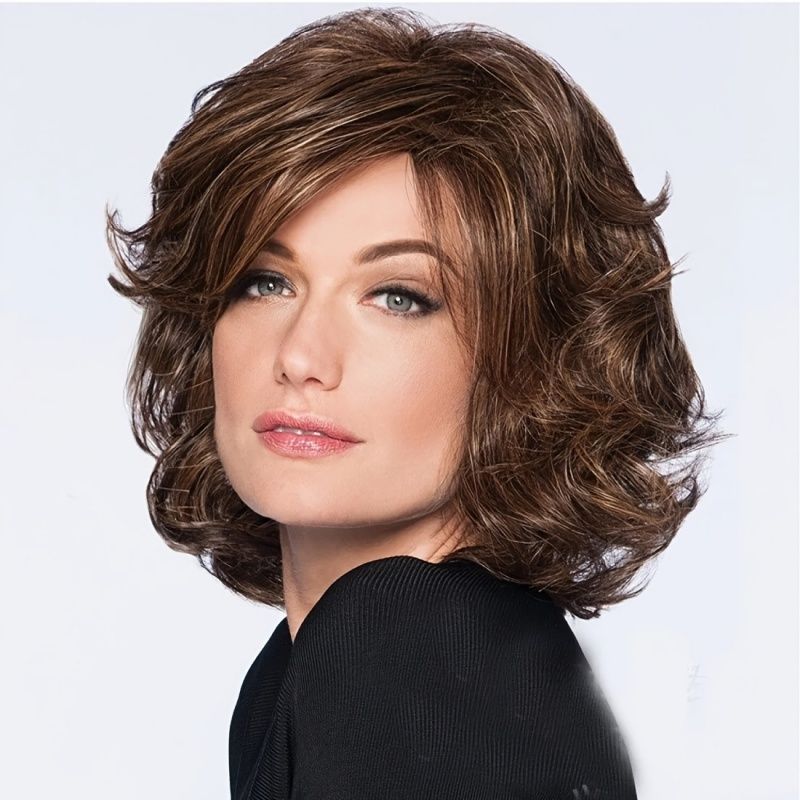 Ladies' Wig Dark Brown Short Curly Hair with Side-Swept Bangs Wavy Wig Fashionable and Elegant Ladies' Wig Perfect Gift for Ladies Easy Wear