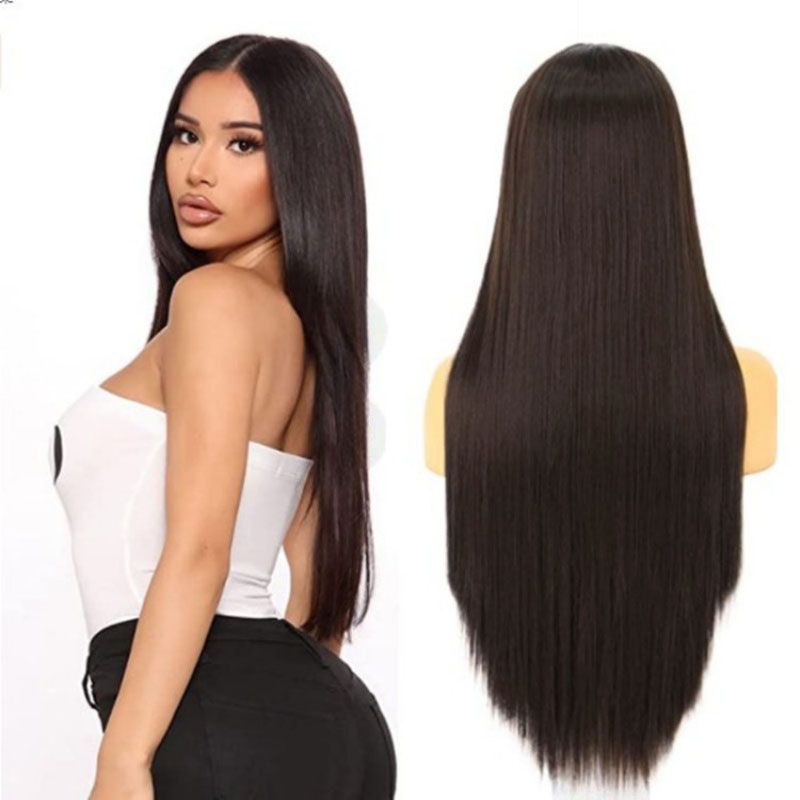 Wigs for Lady 28 Inches Dark Brown Long Straight Wigs Glueless Capless Design Heat Resistant Synthetic Hair Natural Middle Part Everyday Party Music Festival Gift for African Women Easy Wear
