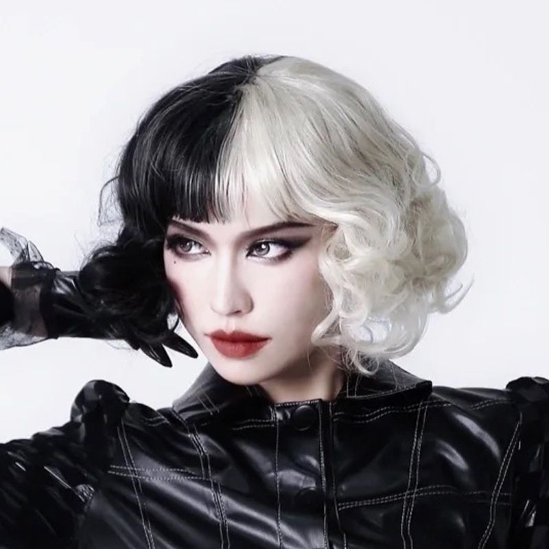 Women's Wig Fashionable Black and White Bangs with Short Curly Hair Perfect for Halloween Costume Wig Suitable for Role-playing and Music Parties Halloween Gifts