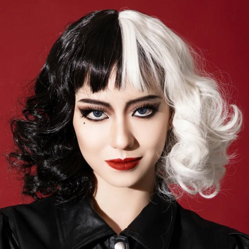 Women's Wig Fashionable Black and White Bangs with Short Curly Hair Perfect for Halloween Costume Wig Suitable for Role-playing and Music Parties Halloween Gifts