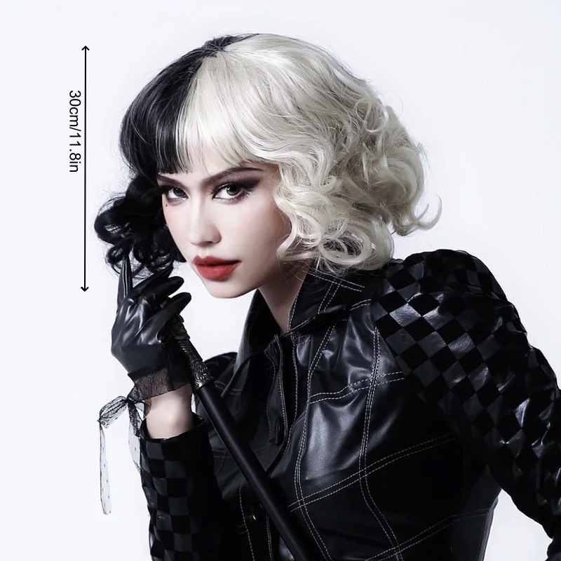 Women's Wig Fashionable Black and White Bangs with Short Curly Hair Perfect for Halloween Costume Wig Suitable for Role-playing and Music Parties Halloween Gifts