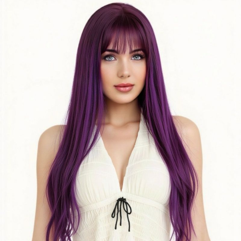 Ladies' Wigs Cosplay Wigs with Bangs Long Straight Wigs Purple Synthetic Fiber Wig Perfect Halloween Costumes Suitable for Cosplay Music Parties Halloween