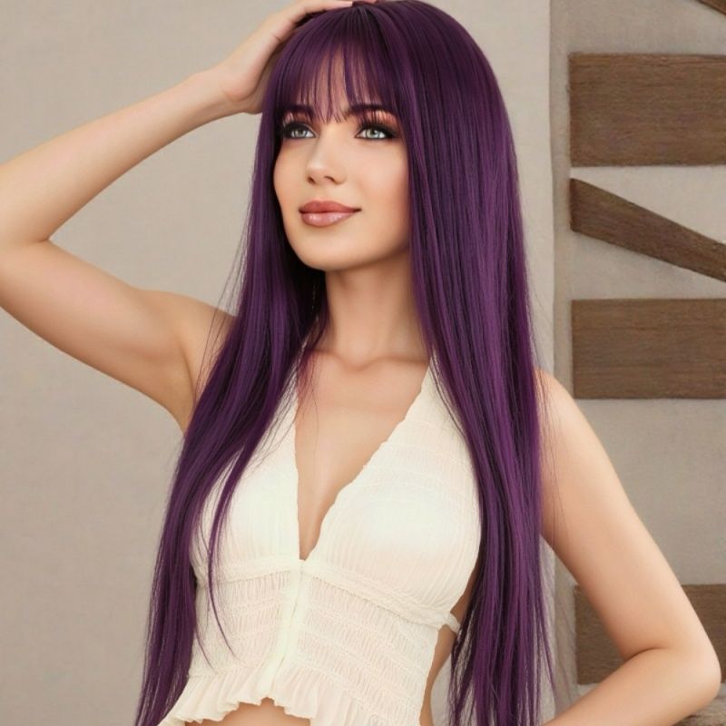 Ladies' Wigs Cosplay Wigs with Bangs Long Straight Wigs Purple Synthetic Fiber Wig Perfect Halloween Costumes Suitable for Cosplay Music Parties Halloween