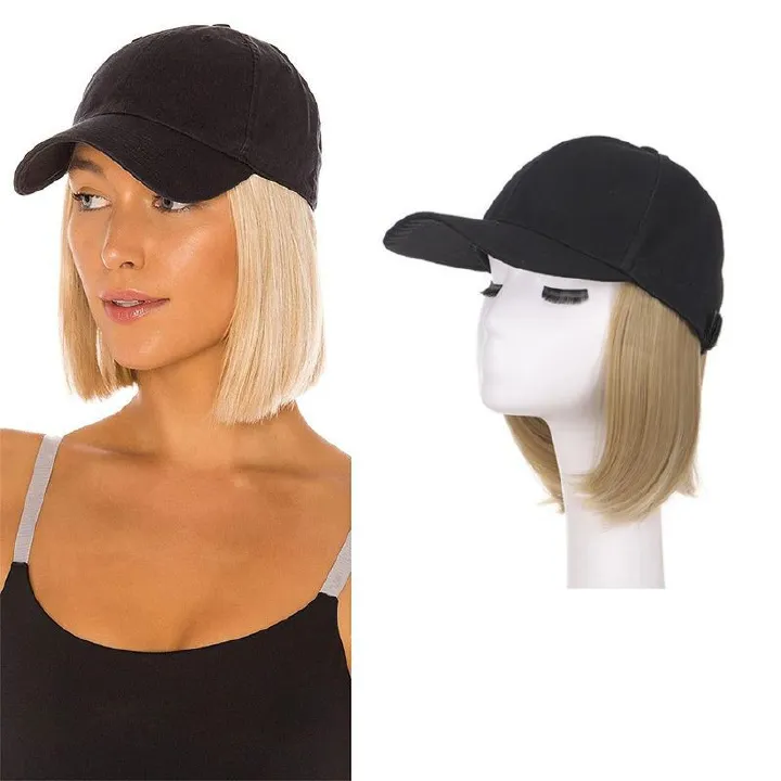 Women's Hat Wig Integrated Bob Black Baseball Cap Wig Short Straight Heat Resistant Synthetic Hair Easy Wear Fashion Hair for Women's Gift Daily Wear Music Festival for African Women