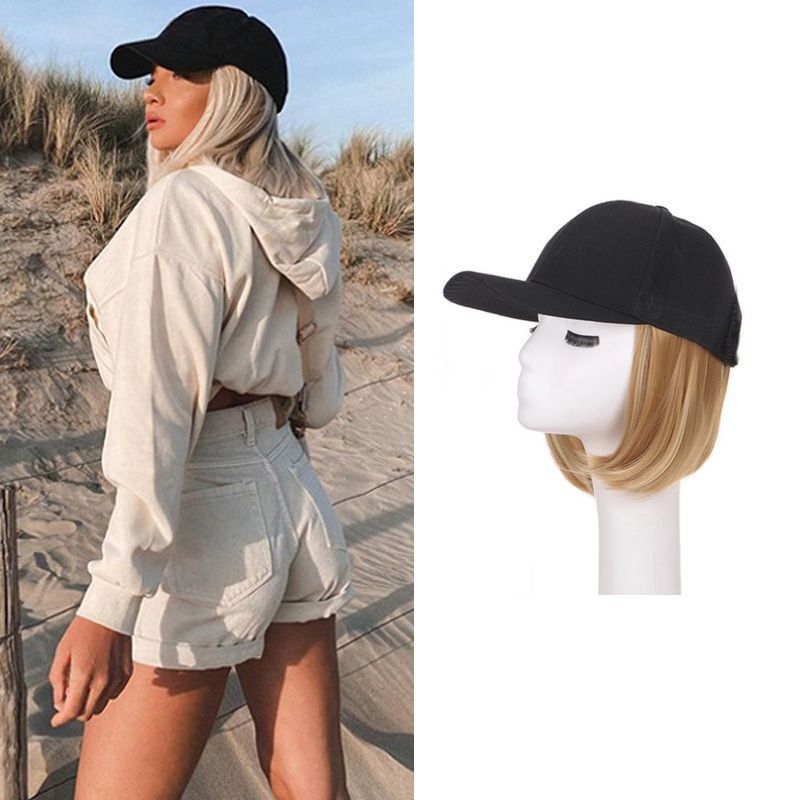 Women's Hat Wig Integrated Bob Black Baseball Cap Wig Short Straight Heat Resistant Synthetic Hair Easy Wear Fashion Hair for Women's Gift Daily Wear Music Festival for African Women
