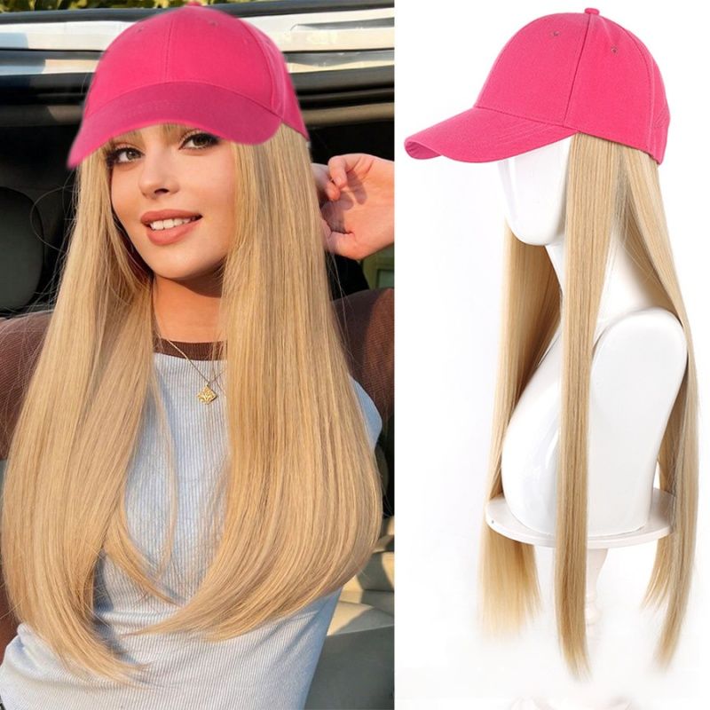 Ladies' Wig Rose Red Baseball Cap Wig Gold Long Straight Wig One-piece Fashionable Baseball Cap Synthetic Wig Perfect Outfit for Halloween and Christmas Holidays