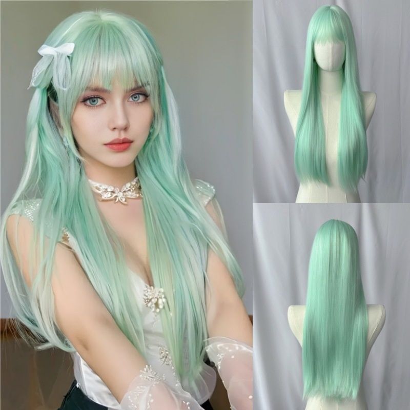 Women's Wig Wispy Bangs Long Straight Wig Full Top Wig Head Cover Cosplay Daily Comfortable Mint Green Synthetic Wig Perfect Choice for Halloween Christmas Music Parties Women's Gifts