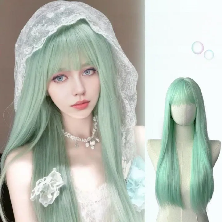 Women's Wig Wispy Bangs Long Straight Wig Full Top Wig Head Cover Cosplay Daily Comfortable Mint Green Synthetic Wig Perfect Choice for Halloween Christmas Music Parties Women's Gifts
