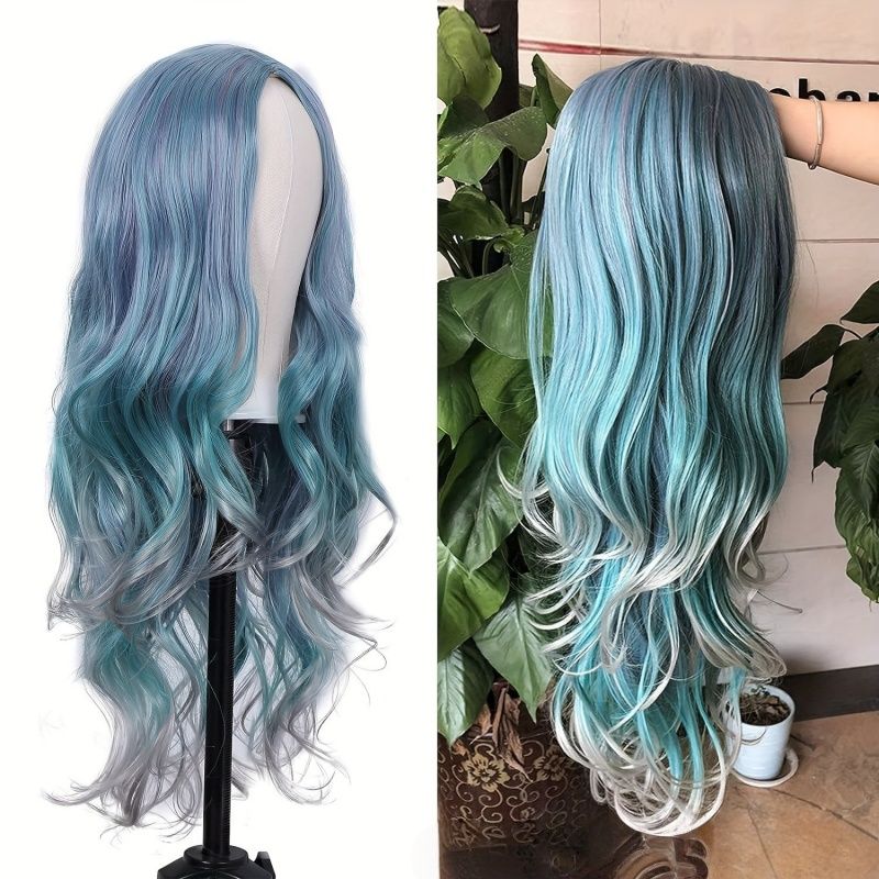 Women's Wig Gradient Blue Color Cosplay Anime Wig Wave Synthetic Fiber Wig Women's Long Roll Wig Halloween Christmas Animation Festival Music Party Dressing Wig Women's Gift