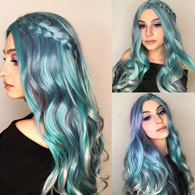 Women's Wig Gradient Blue Color Cosplay Anime Wig Wave Synthetic Fiber Wig Women's Long Roll Wig Halloween Christmas Animation Festival Music Party Dressing Wig Women's Gift