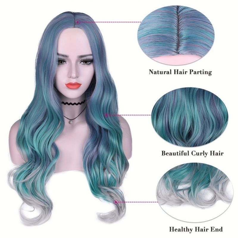 Women's Wig Gradient Blue Color Cosplay Anime Wig Wave Synthetic Fiber Wig Women's Long Roll Wig Halloween Christmas Animation Festival Music Party Dressing Wig Women's Gift