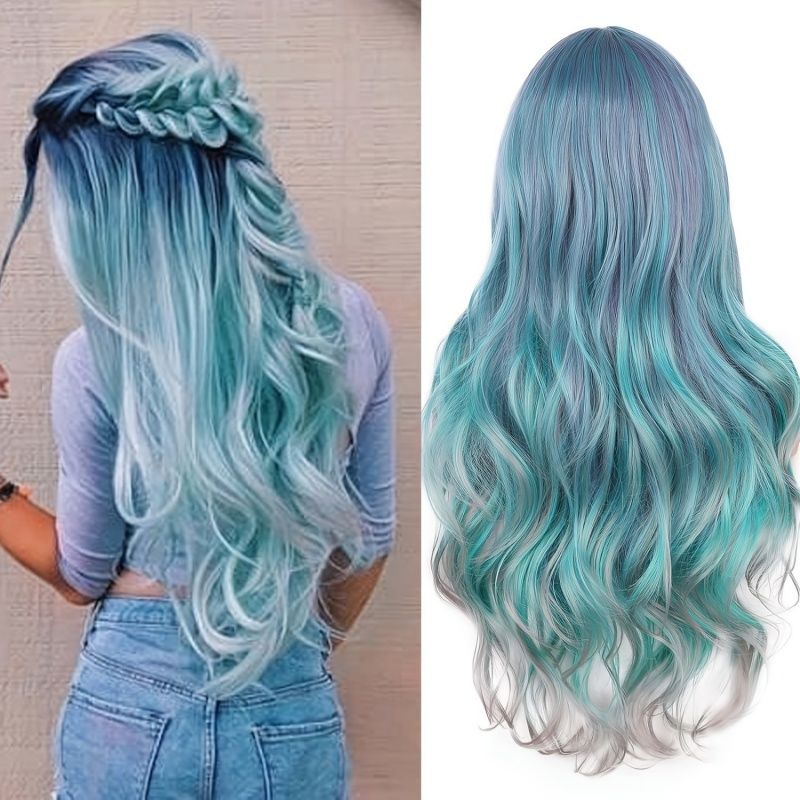 Women's Wig Gradient Blue Color Cosplay Anime Wig Wave Synthetic Fiber Wig Women's Long Roll Wig Halloween Christmas Animation Festival Music Party Dressing Wig Women's Gift