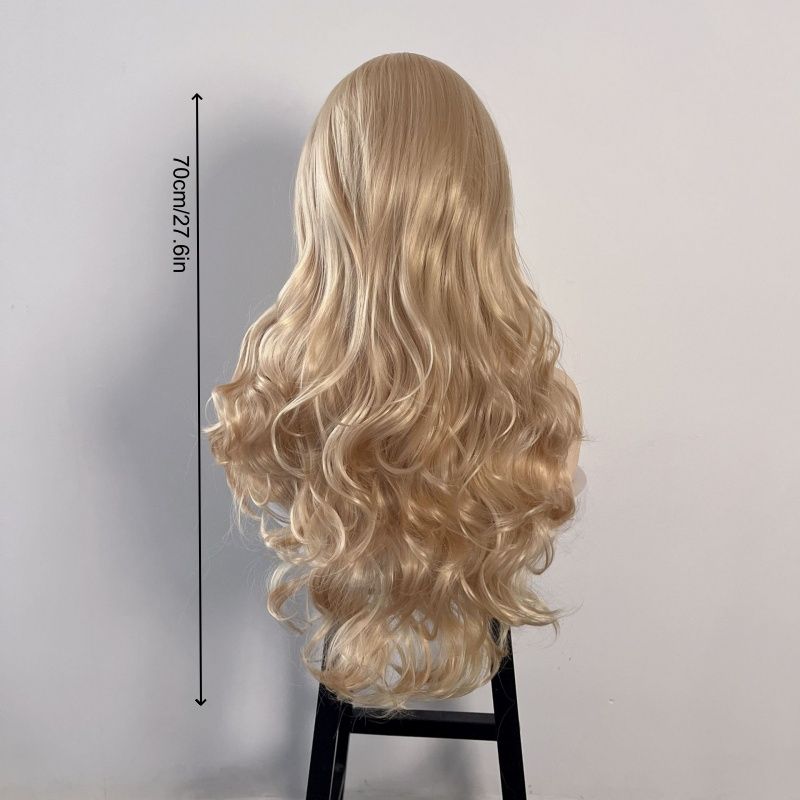 Golden Wig for Women with Wispy Bangs Elegant Long Curly Hair Big Waves White Gold Heat-resistant Synthetic Fiber Wig Halloween Christmas Music Festival Party Dressing Wig Perfect Women's Gift