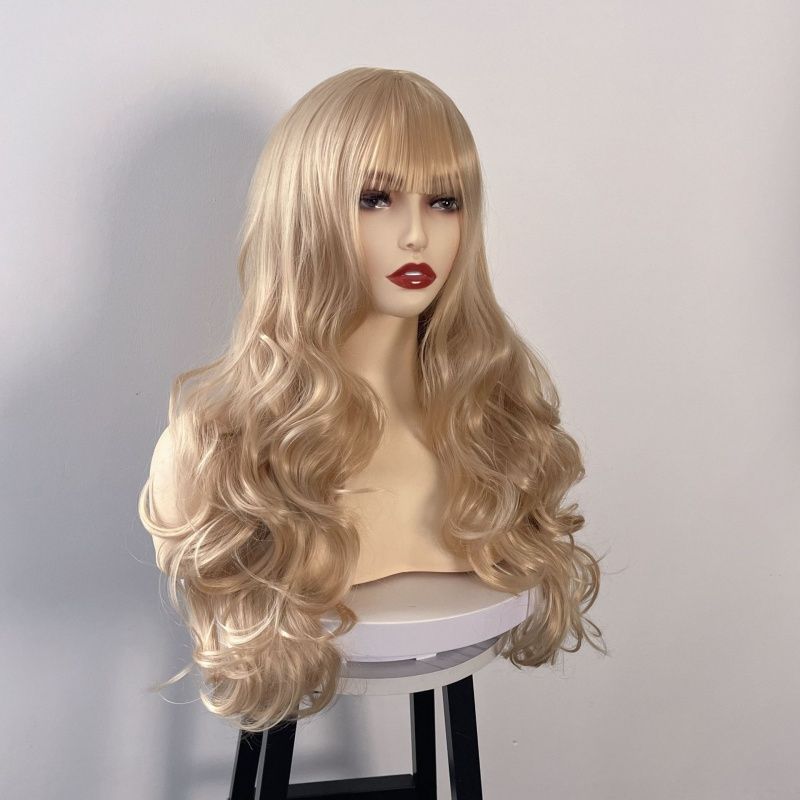 Golden Wig for Women with Wispy Bangs Elegant Long Curly Hair Big Waves White Gold Heat-resistant Synthetic Fiber Wig Halloween Christmas Music Festival Party Dressing Wig Perfect Women's Gift