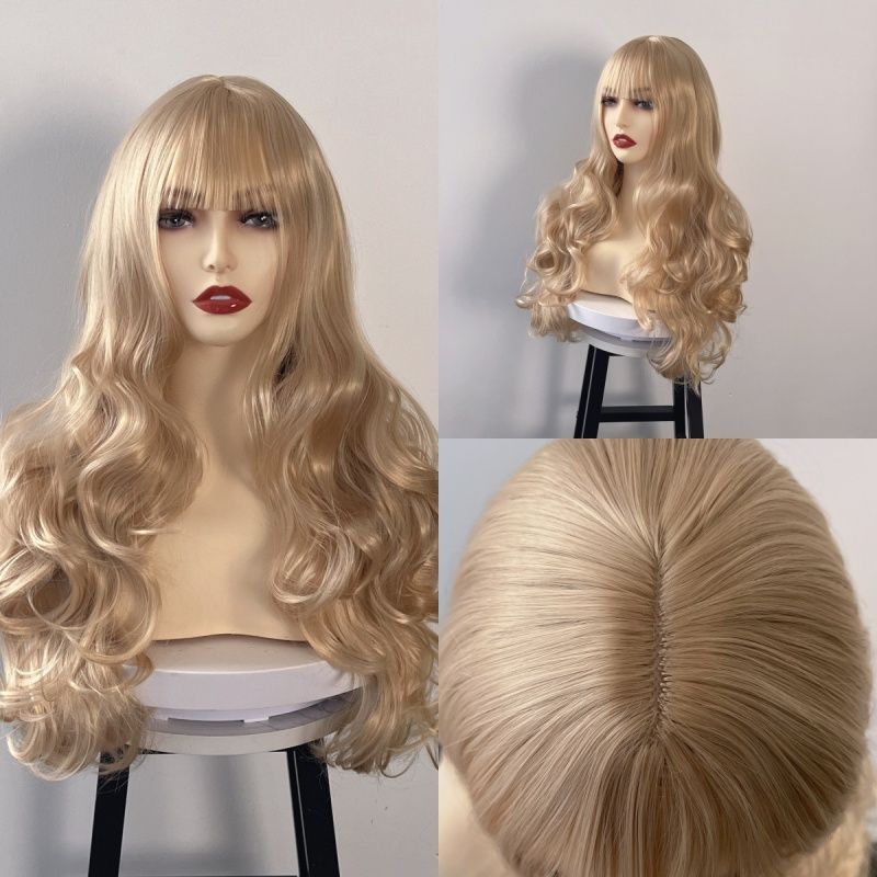 Golden Wig for Women with Wispy Bangs Elegant Long Curly Hair Big Waves White Gold Heat-resistant Synthetic Fiber Wig Halloween Christmas Music Festival Party Dressing Wig Perfect Women's Gift