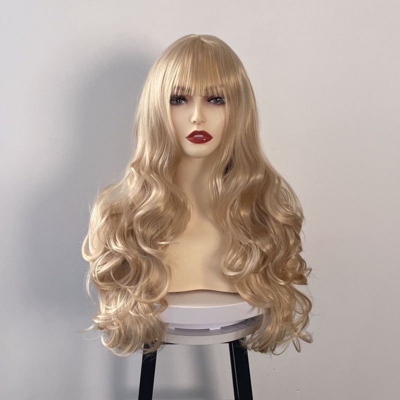 Golden Wig for Women with Wispy Bangs Elegant Long Curly Hair Big Waves White Gold Heat-resistant Synthetic Fiber Wig Halloween Christmas Music Festival Party Dressing Wig Perfect Women's Gift