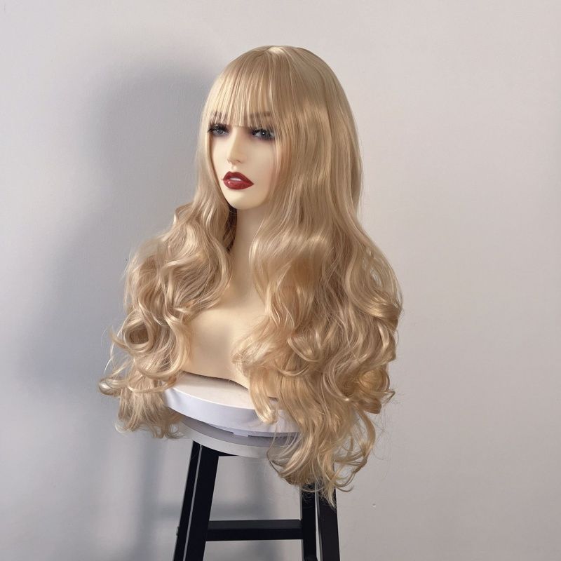 Golden Wig for Women with Wispy Bangs Elegant Long Curly Hair Big Waves White Gold Heat-resistant Synthetic Fiber Wig Halloween Christmas Music Festival Party Dressing Wig Perfect Women's Gift
