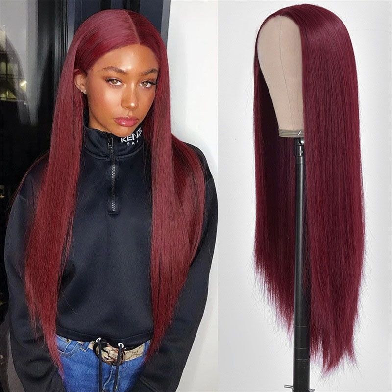 Women's Red Wig Mid Split Long Straight Wig African Style Wig Long Straight Heat-resistant Synthetic Fiber Wig Suitable for Cosplay Halloween and Christmas Parties Perfect Gift for Women