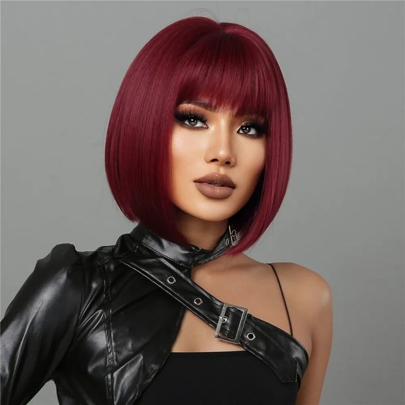 Ladies' Red Wig Burgundy Short Wig Bob Synthetic Wig With Bangs Suitable for Halloween Christmas and Thanksgiving and Music Parties Perfect Holiday Gift for Women