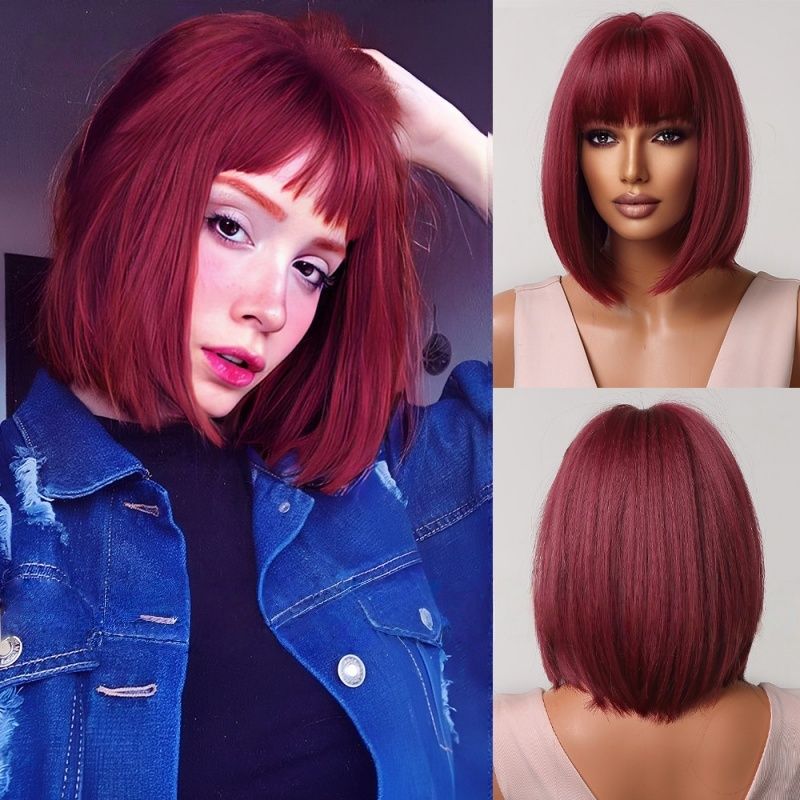 Ladies' Red Wig Burgundy Short Wig Bob Synthetic Wig With Bangs Suitable for Halloween Christmas and Thanksgiving and Music Parties Perfect Holiday Gift for Women