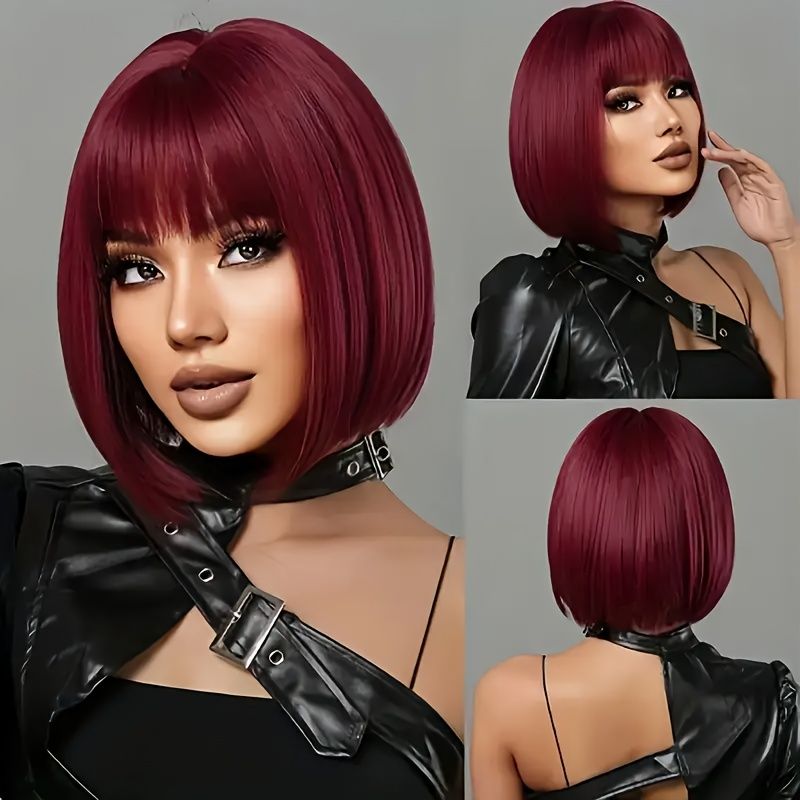 Ladies' Red Wig Burgundy Short Wig Bob Synthetic Wig With Bangs Suitable for Halloween Christmas and Thanksgiving and Music Parties Perfect Holiday Gift for Women