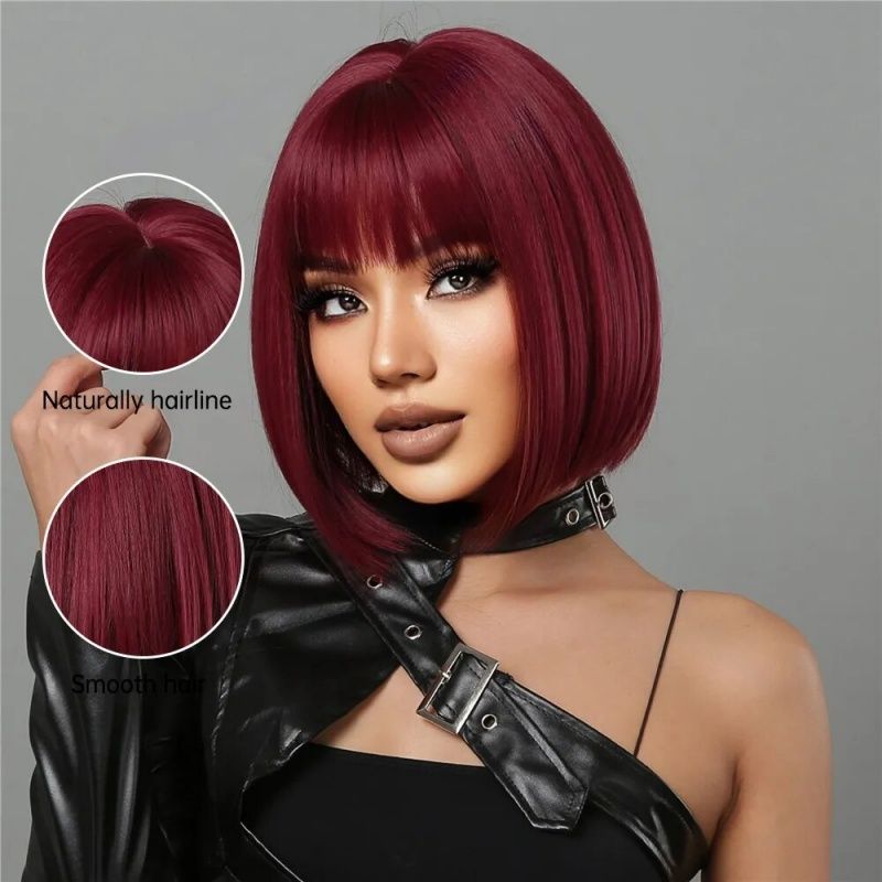 Ladies' Red Wig Burgundy Short Wig Bob Synthetic Wig With Bangs Suitable for Halloween Christmas and Thanksgiving and Music Parties Perfect Holiday Gift for Women