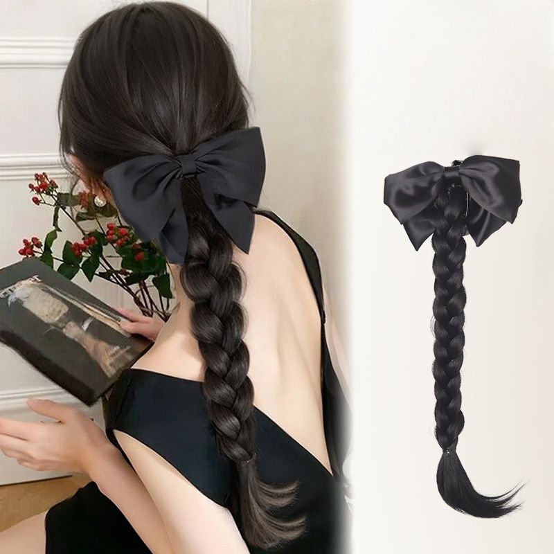 Women's Braid Black Bowknot Wig Ponytail Clip Wig Heat-Resistant Synthetic Wig Women's Fashion Hair Extensions Suitable for Daily Work Halloween Christmas Thanksgiving and Party Wear