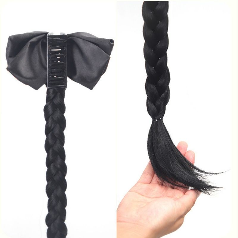Women's Braid Black Bowknot Wig Ponytail Clip Wig Heat-Resistant Synthetic Wig Women's Fashion Hair Extensions Suitable for Daily Work Halloween Christmas Thanksgiving and Party Wear