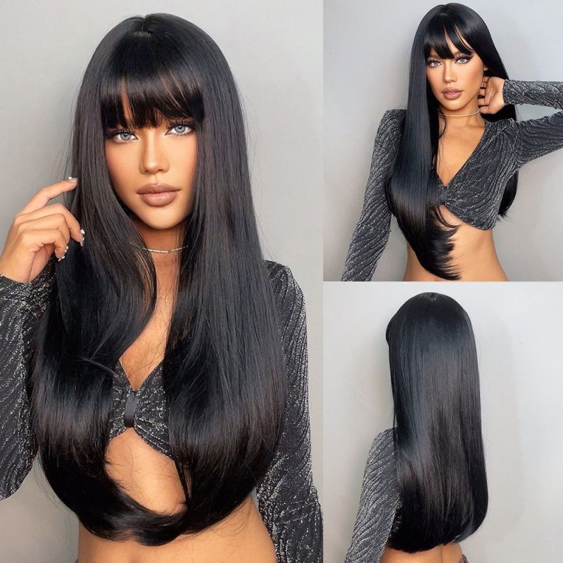 Women's Wig Straight Hair Wig with Bangs Available in Brown and Black Colors, Heat-resistant Synthetic Fiber Wig Women's Gift Suitable for Halloween Christmas Thanksgiving and Music Parties to Wear