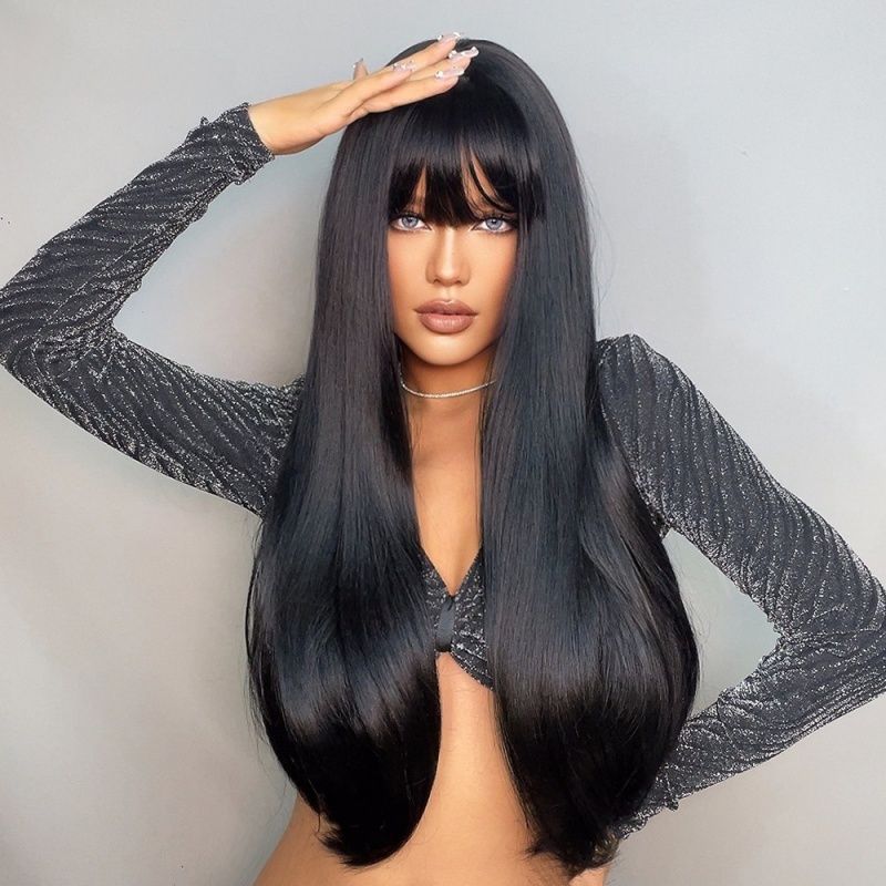 Women's Wig Straight Hair Wig with Bangs Available in Brown and Black Colors, Heat-resistant Synthetic Fiber Wig Women's Gift Suitable for Halloween Christmas Thanksgiving and Music Parties to Wear