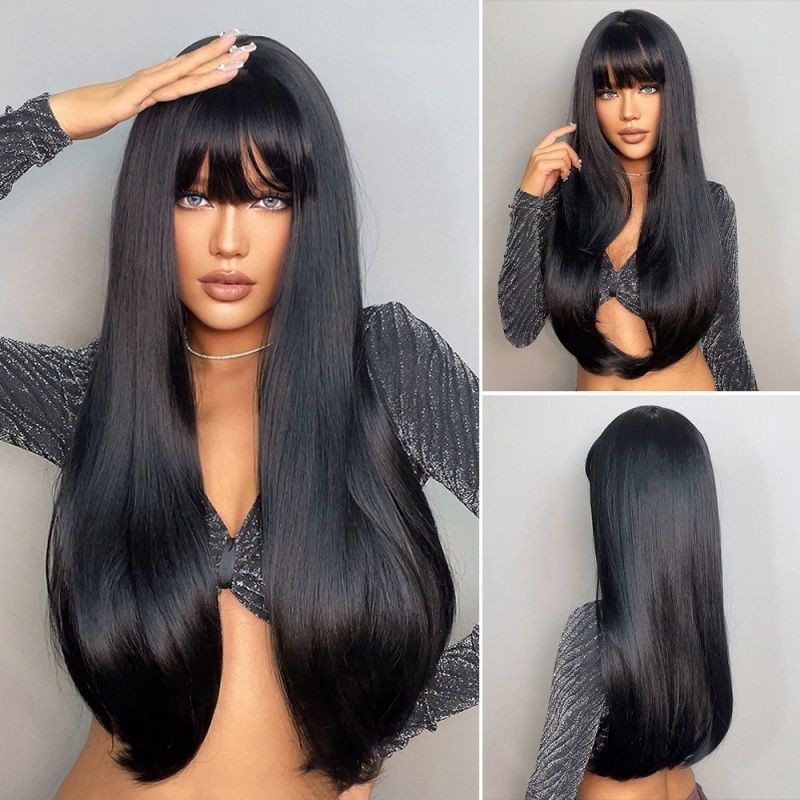 Women's Wig Straight Hair Wig with Bangs Available in Brown and Black Colors, Heat-resistant Synthetic Fiber Wig Women's Gift Suitable for Halloween Christmas Thanksgiving and Music Parties to Wear