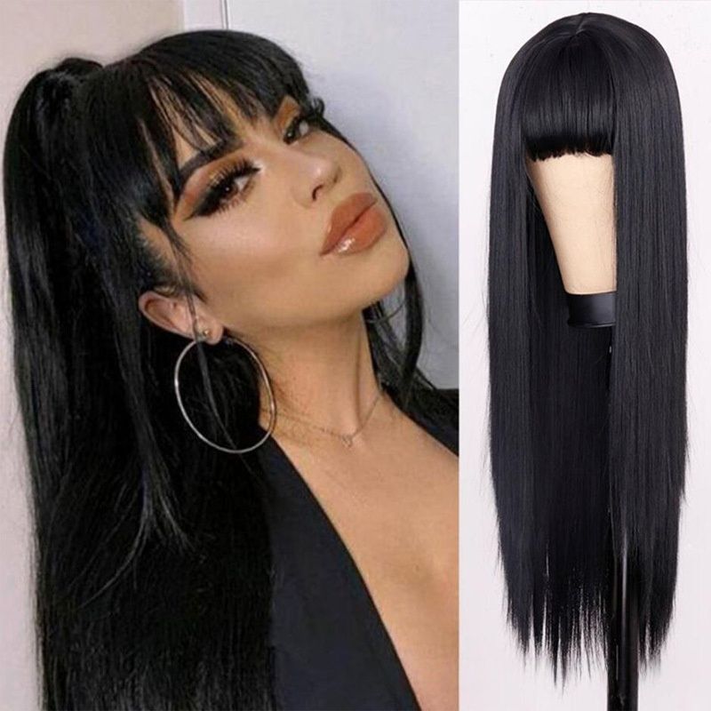 Women's Wig Straight Hair Wig with Bangs Available in Brown and Black Colors, Heat-resistant Synthetic Fiber Wig Women's Gift Suitable for Halloween Christmas Thanksgiving and Music Parties to Wear