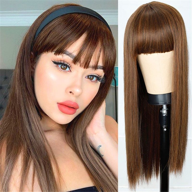 Women's Wig Straight Hair Wig with Bangs Available in Brown and Black Colors, Heat-resistant Synthetic Fiber Wig Women's Gift Suitable for Halloween Christmas Thanksgiving and Music Parties to Wear