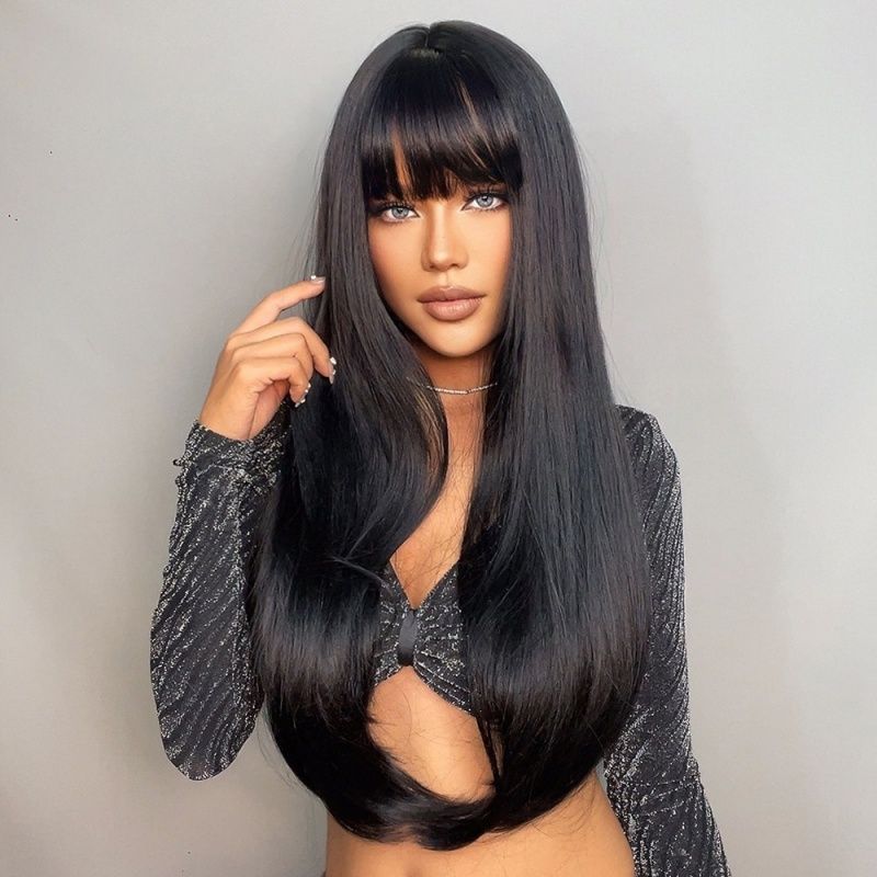 Women's Wig Straight Hair Wig with Bangs Available in Brown and Black Colors, Heat-resistant Synthetic Fiber Wig Women's Gift Suitable for Halloween Christmas Thanksgiving and Music Parties to Wear