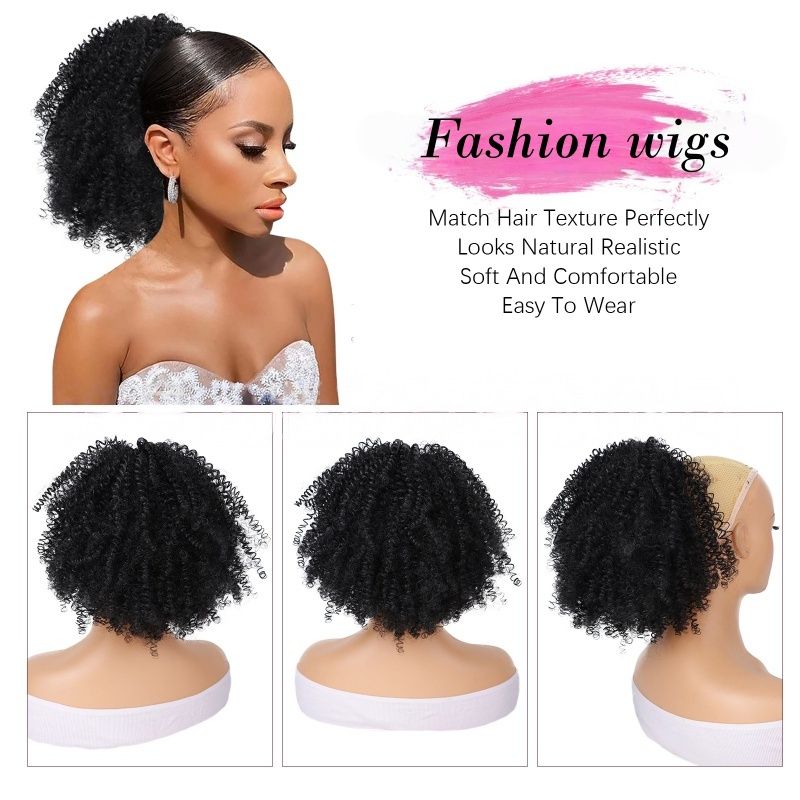 Afro Curly Ponytail Wig Hair Piece African Small Roll Drawstring Wrapped Ponytail Wig Hair Extension Heat-resistant Synthetic Fiber Wig Suitable for Women's Daily Work Christmas New Year Wear
