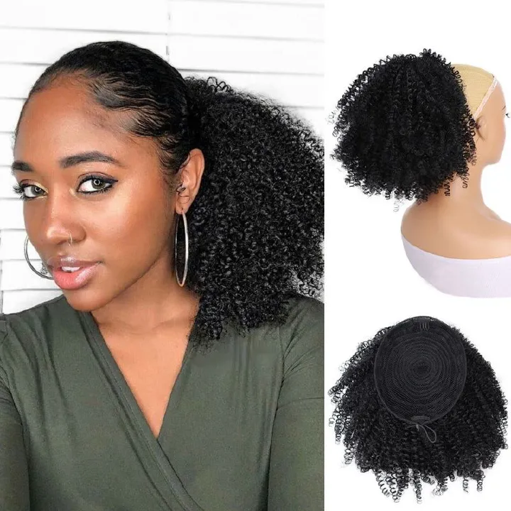 Afro Curly Ponytail Wig Hair Piece African Small Roll Drawstring Wrapped Ponytail Wig Hair Extension Heat-resistant Synthetic Fiber Wig Suitable for Women's Daily Work Christmas New Year Wear