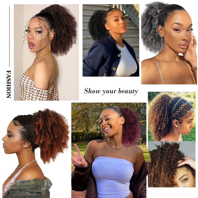 Afro Curly Ponytail Wig Hair Piece African Small Roll Drawstring Wrapped Ponytail Wig Hair Extension Heat-resistant Synthetic Fiber Wig Suitable for Women's Daily Work Christmas New Year Wear