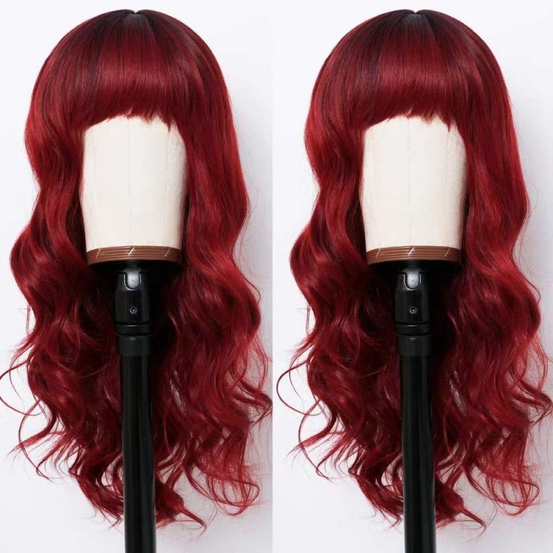Women's Wig Bangs Red Long Curly Hair Big Wavy Wig Burgundy Heat-resistant Synthetic Fiber Wig Suitable for Women's Daily Work Christmas New Year and Party Wear Perfect Women's Gift