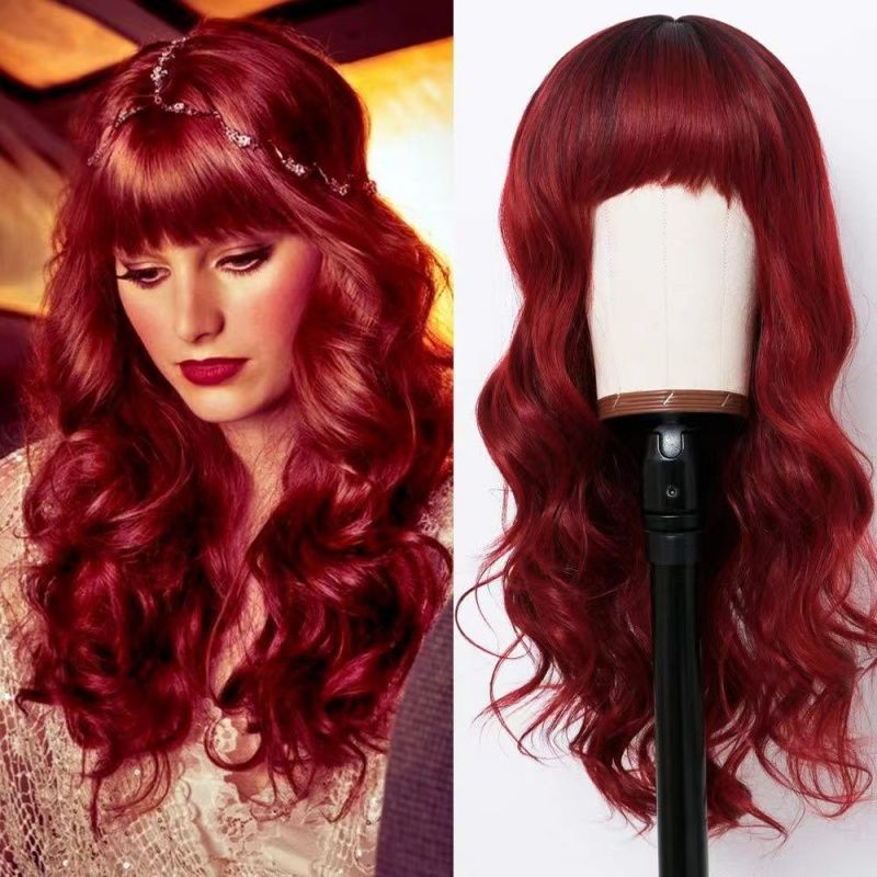 Women's Wig Bangs Red Long Curly Hair Big Wavy Wig Burgundy Heat-resistant Synthetic Fiber Wig Suitable for Women's Daily Work Christmas New Year and Party Wear Perfect Women's Gift