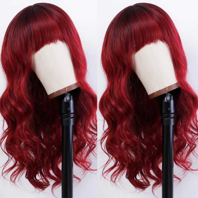 Women's Wig Bangs Red Long Curly Hair Big Wavy Wig Burgundy Heat-resistant Synthetic Fiber Wig Suitable for Women's Daily Work Christmas New Year and Party Wear Perfect Women's Gift