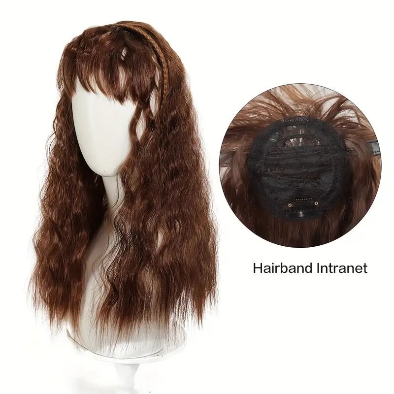 Hair Piece Braid and Headband Wig Integrated, with Bangs and Small Curls, Heat-Resistant Synthetic Fiber Fashionable Headband Wig Suitable for Daily Work Christmas and Party Wear